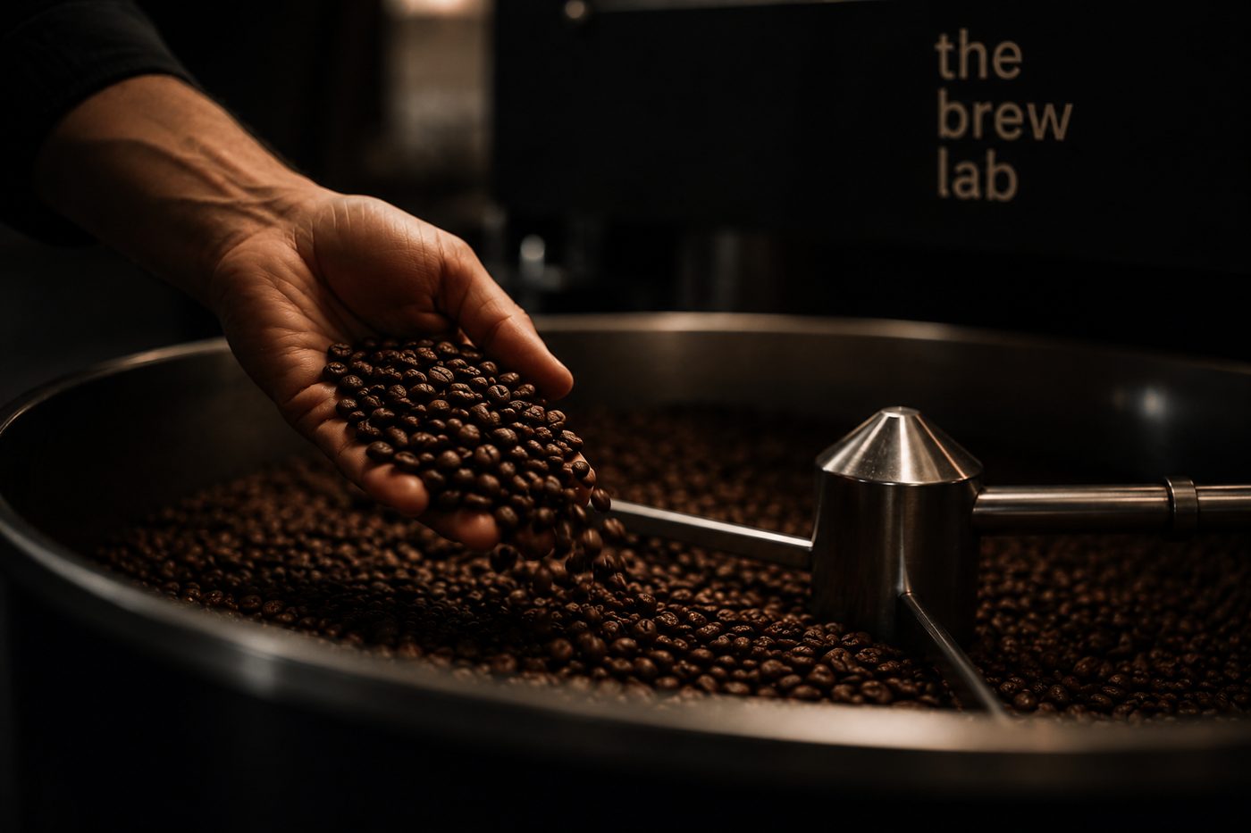 A hand running through freshly roasted beans at The Brew Lab roaster