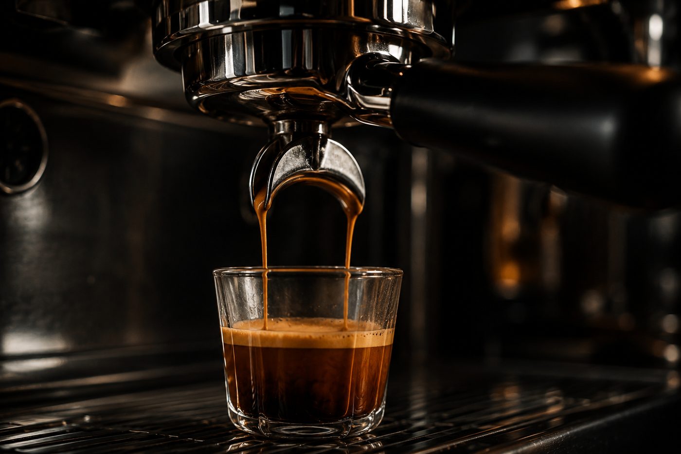 A fresh espresso pulling into a glass on the bar